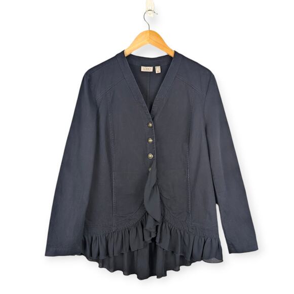 LOGO by Lori Goldstein Navy Ruffle Hem Casual Utility Jacket Size 14 - Picture 1 of 10